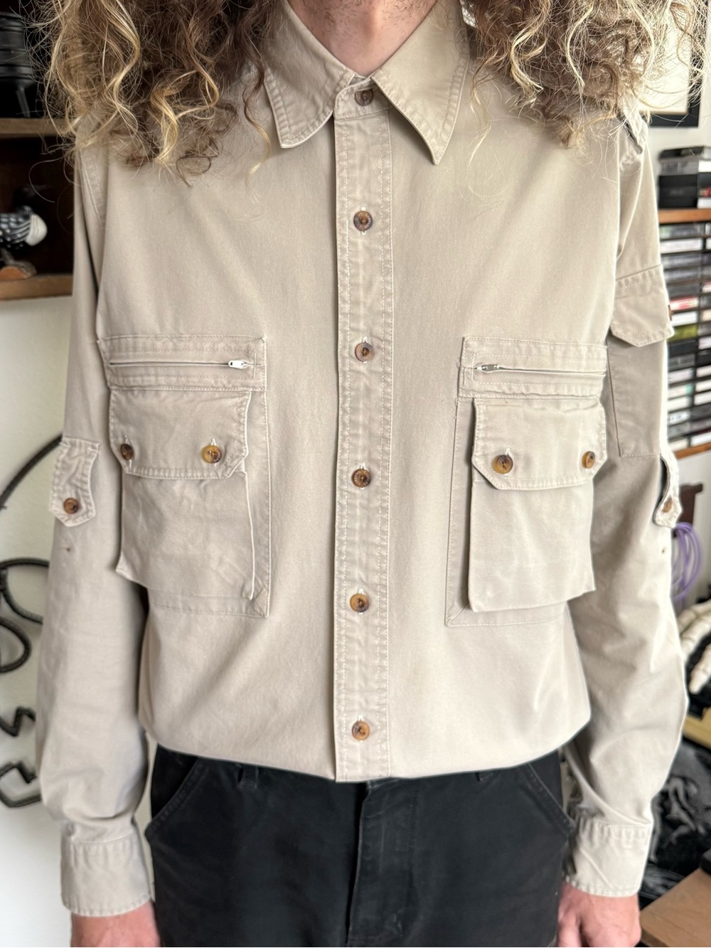 Vintage 80s Cabela's Long Sleeve Safari Button Down w Epaulets ~ Size Medium